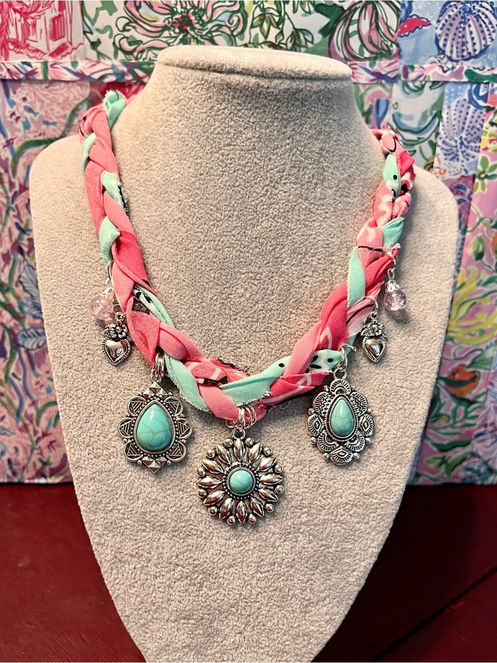Flirty Boho Braided Pink & Mint Bandana Turquoise Pendant Necklace, 30” - Picture 2 of 6